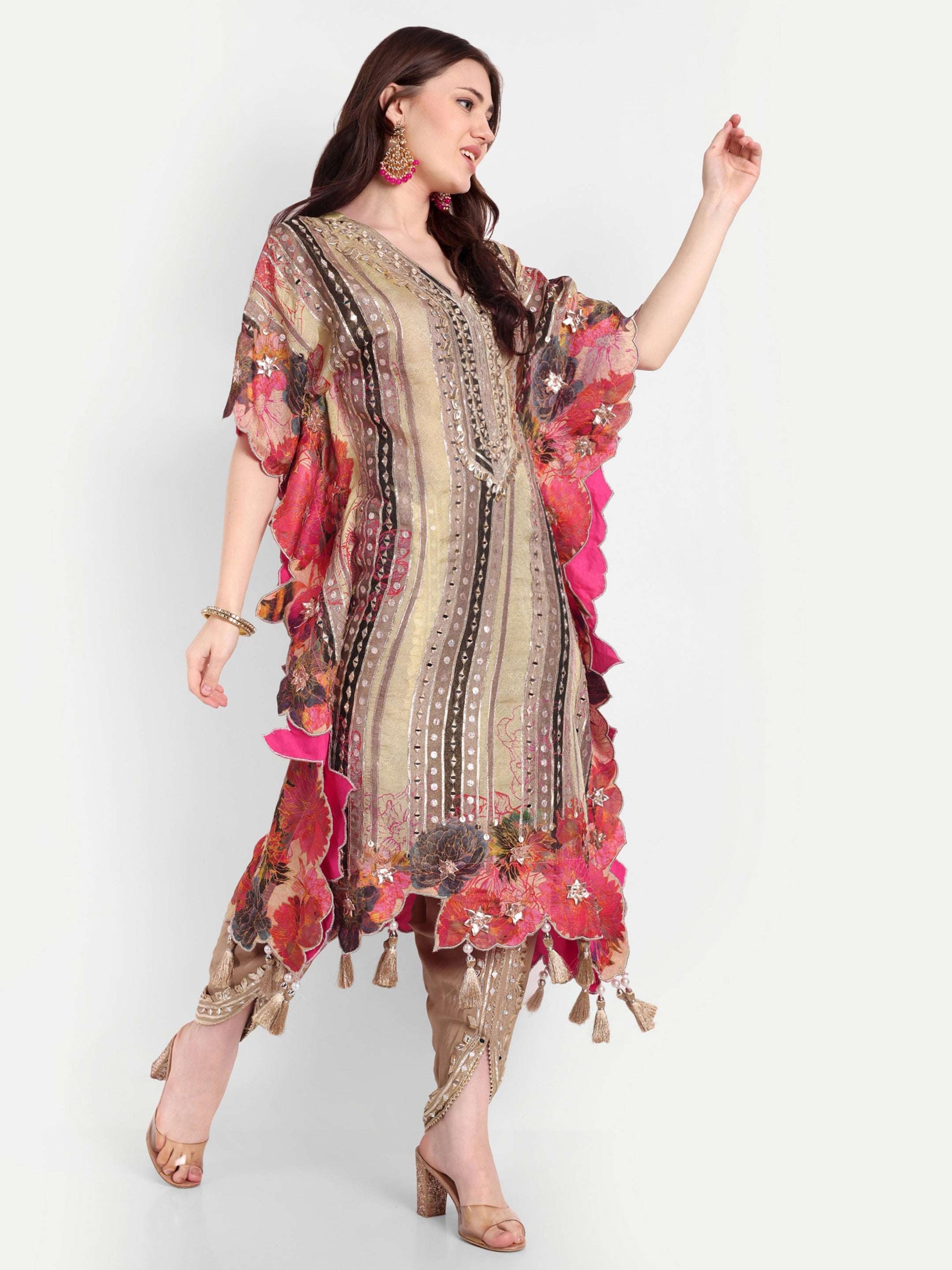 Mirror work, Gota Patti and cutout work on Kaftan 