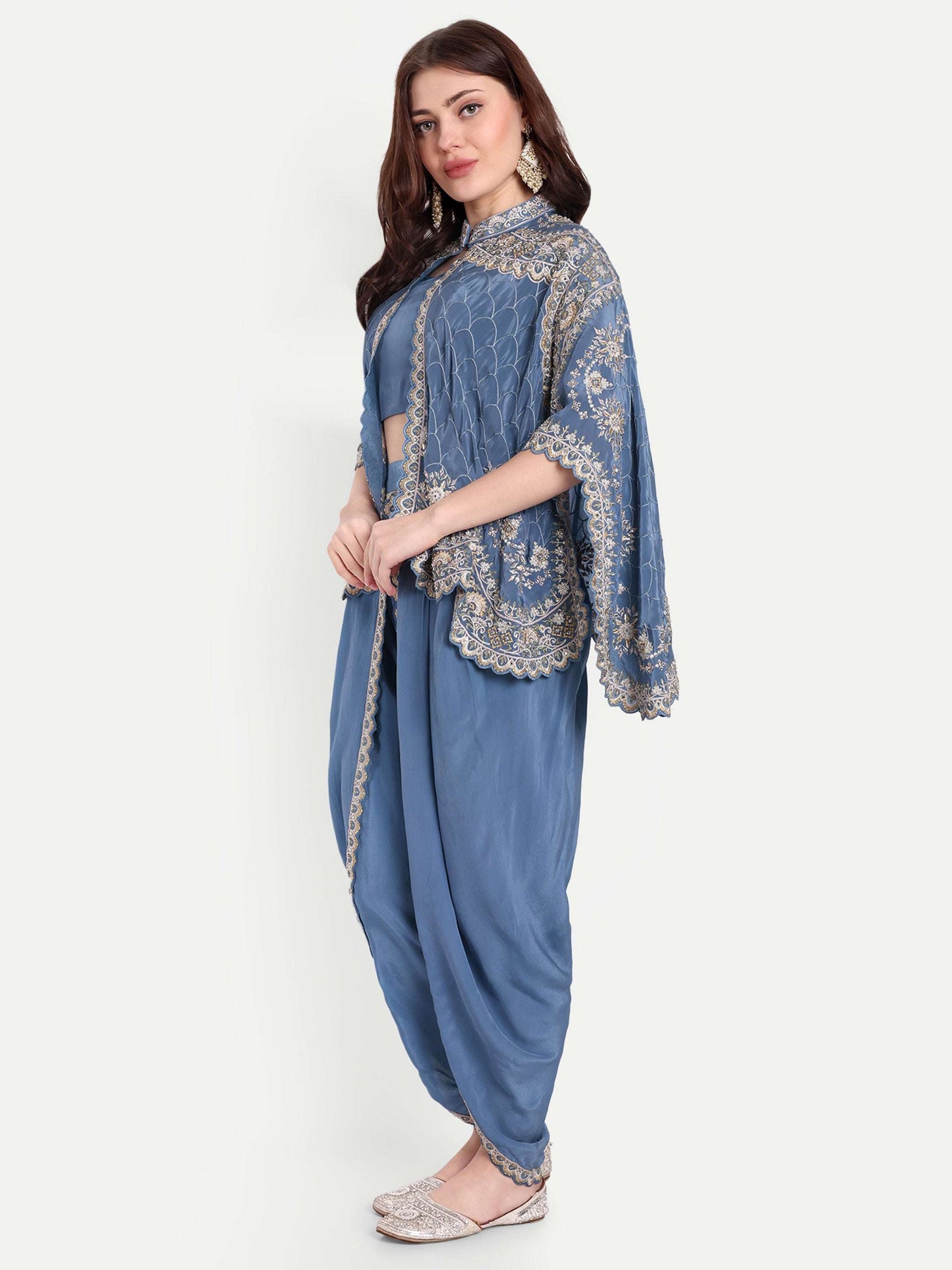 Blue poncho with detailing on satin fabric