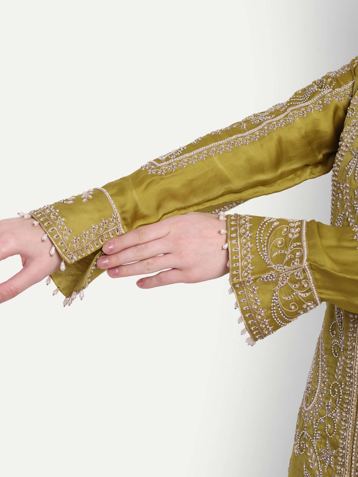 Pearl work on satin silk fabric