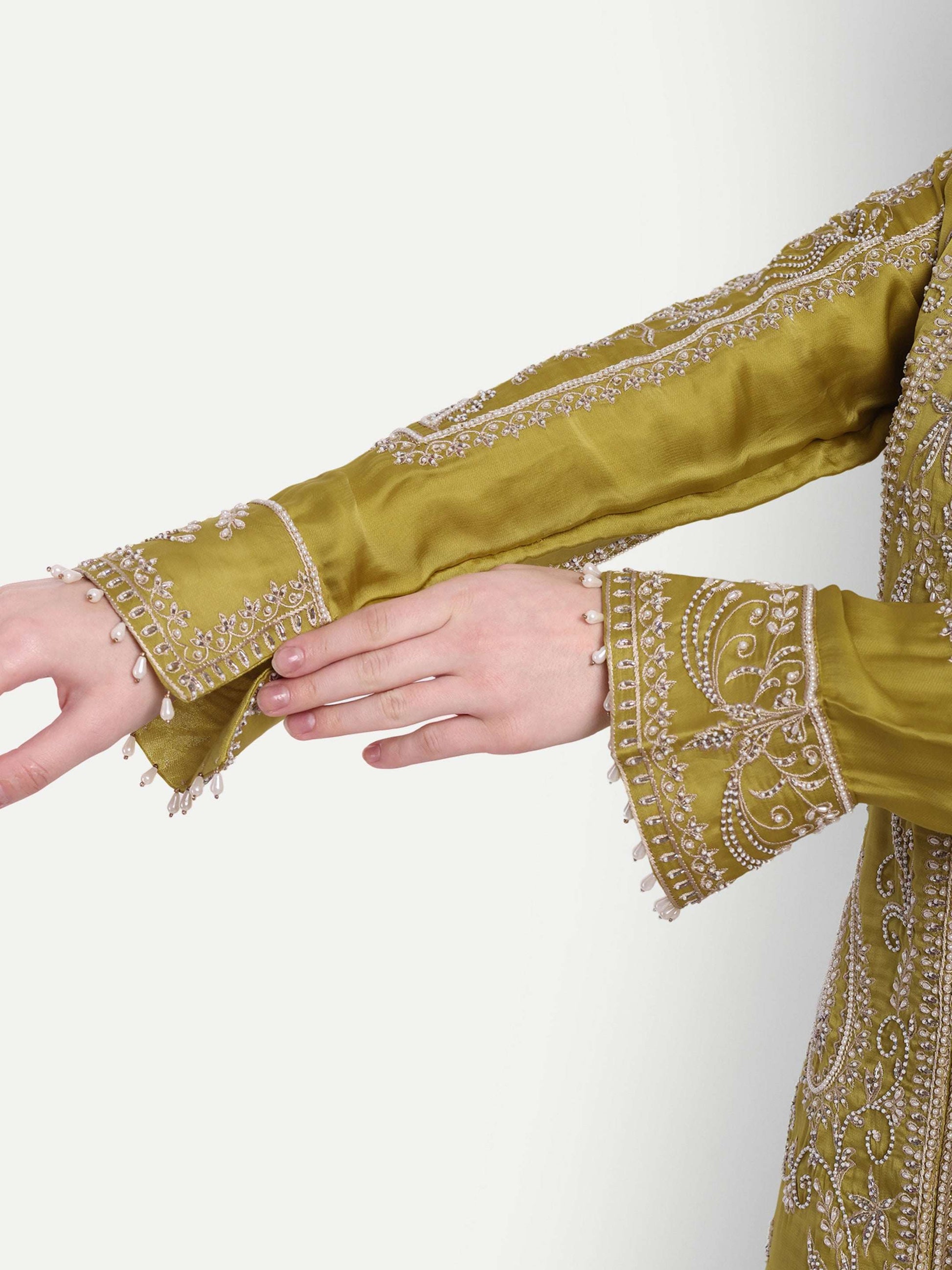 Pearl work on satin silk fabric