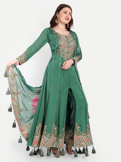 green Anarkali kurta and dupatta set designed with heavy embroidery 
