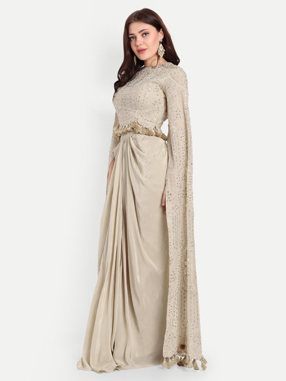 fully embroidered Beige Crop top and Skirt Set