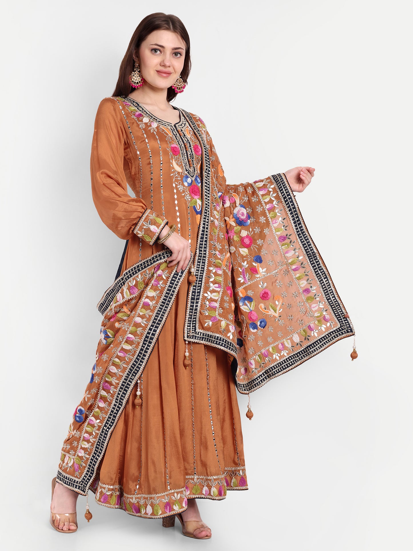 Stunning Brown Anarkali Frock with Matching Embroidery Dupatta