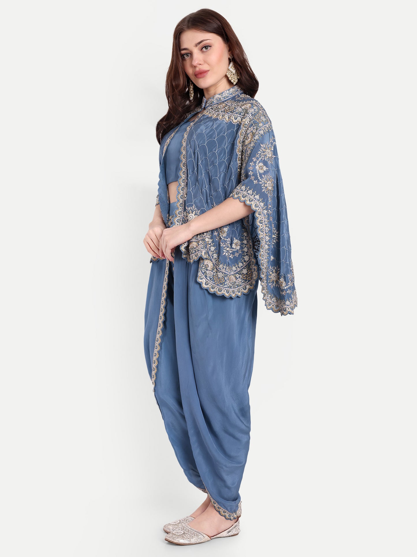 Fashion-Forward Blue Dhoti with Blouse & Cape Jacket Stone Work