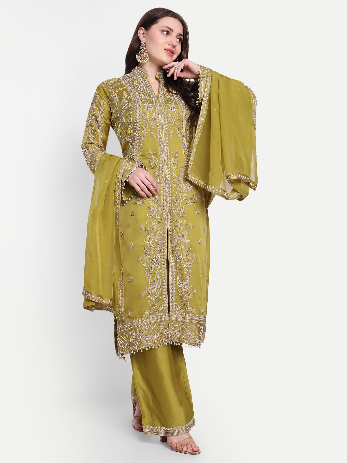 Fashionable Parrot Green Suit with Stone Embroidery and Elegant Dupatta