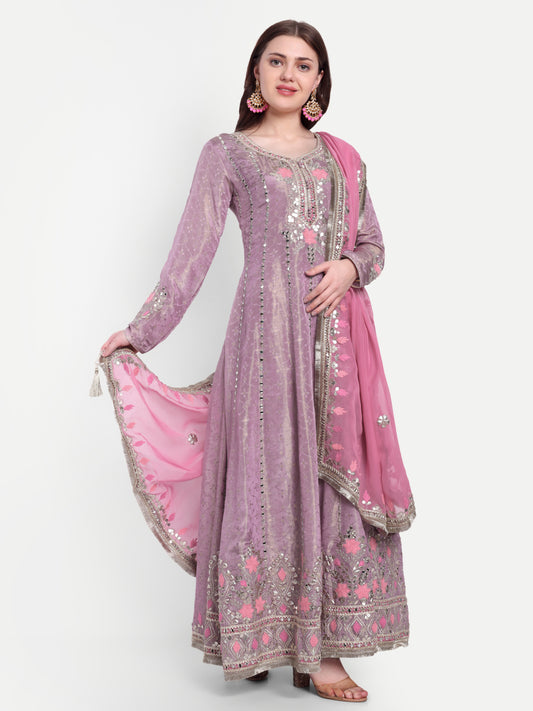 Chic Pink V-neck Anarkali Frock Suit with Border Design