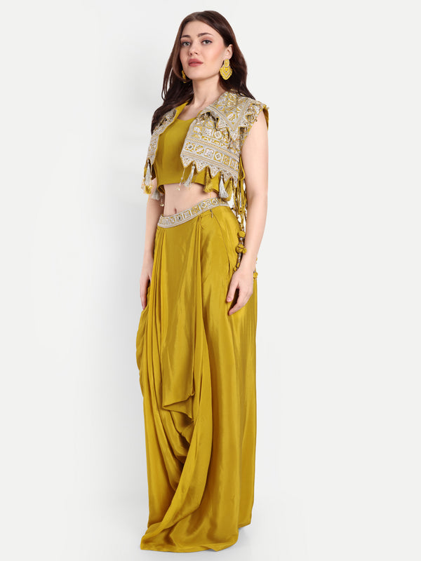 Chic Mustard Yellow Embroidered Jacket & Dhoti Combo