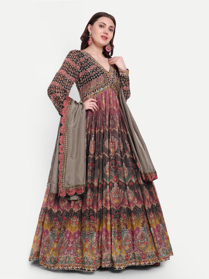 This gown is embellished with stone work. 