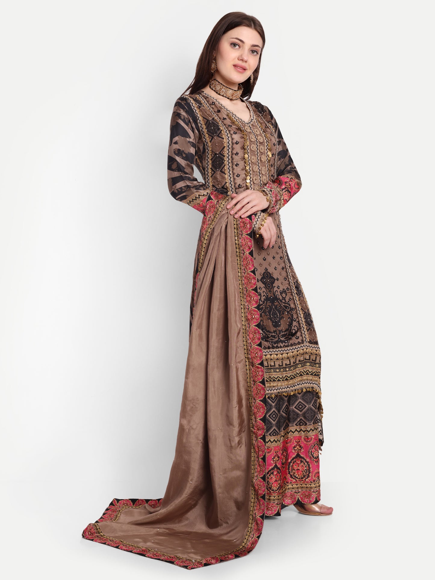 Chic Black and Brown Suit with Palazzo, Dupatta & Potli