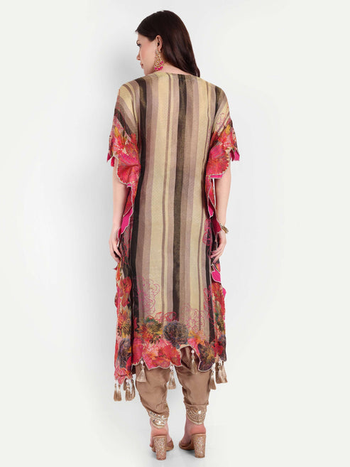 Beige Gota Patti Floral Embroidered Kaftan Set