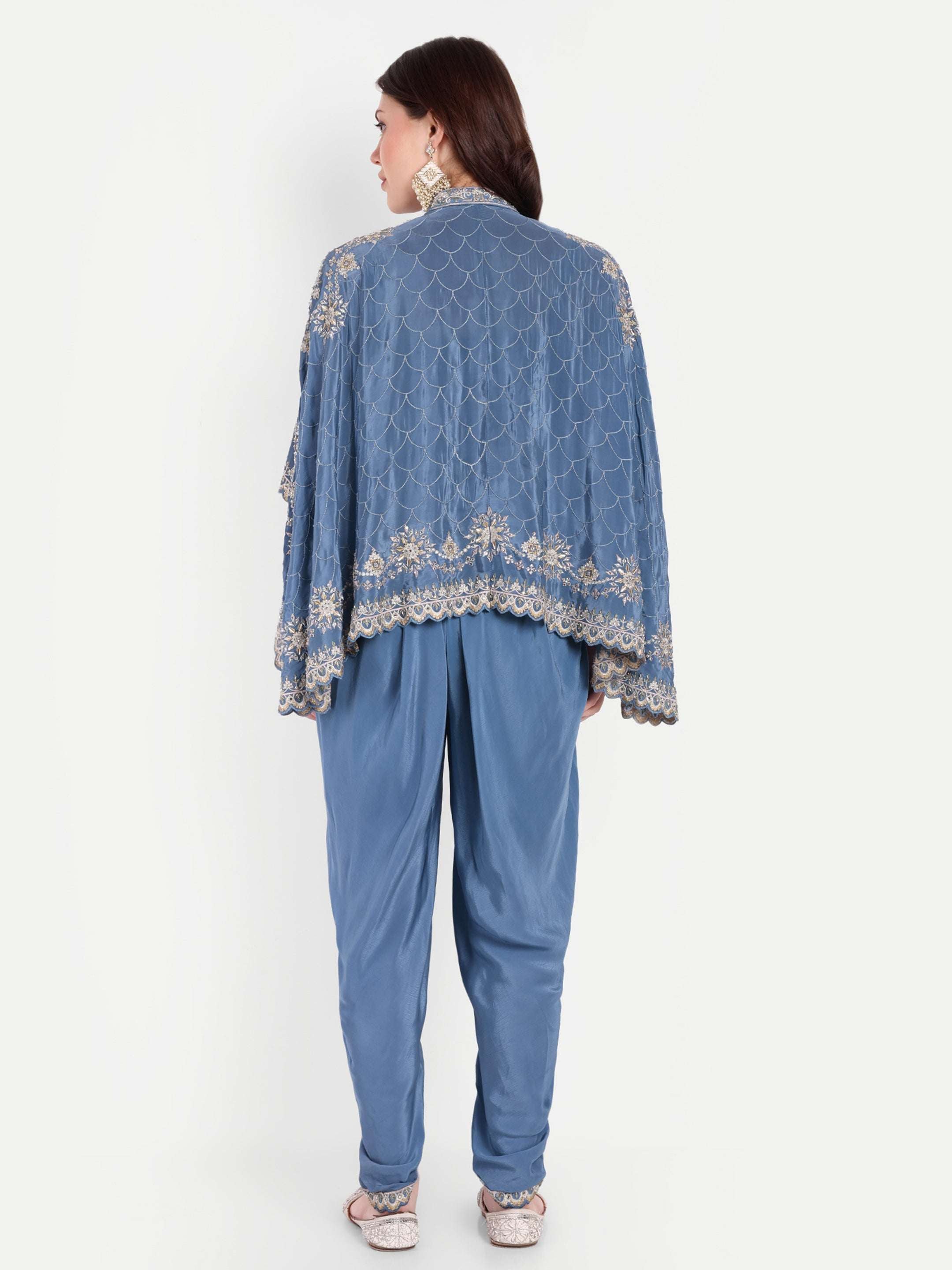 Intricate floral hand-embroidered cape on front and back