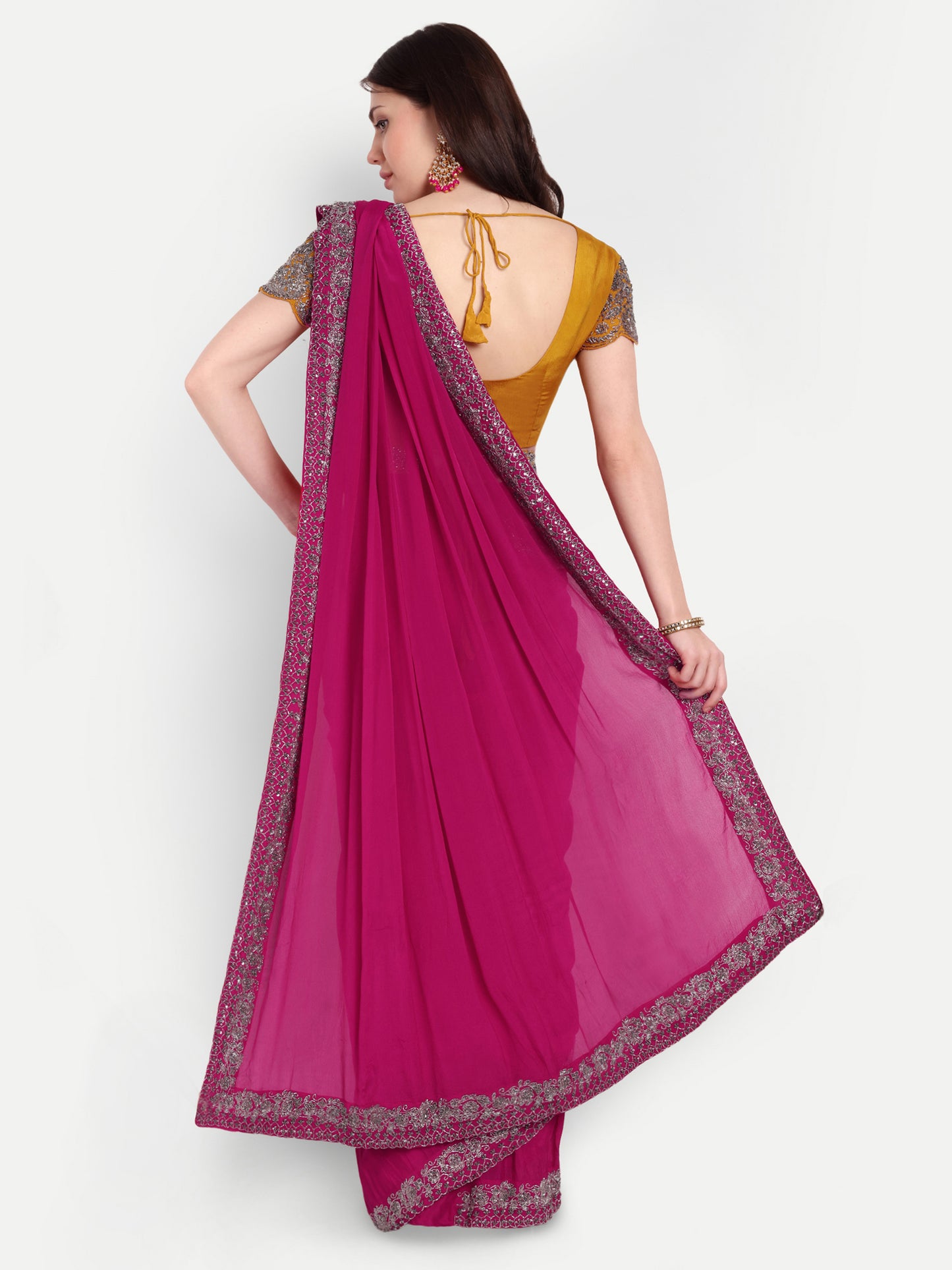 Stunning Pink Yellow Satin Fabric Embroidery Saree with Heavy Stonework