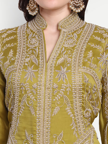 hand-embellished suit set with satin cape