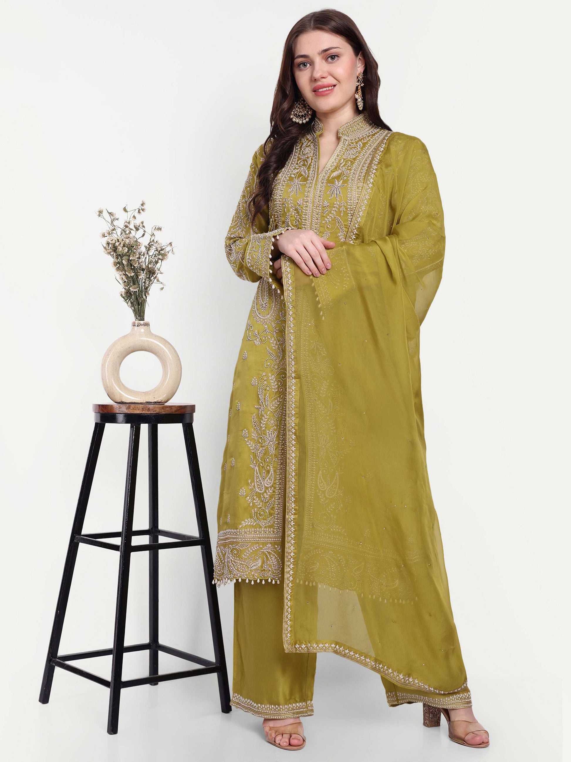 Olive Green Suit and Pallazo set is designed to provide a stunning look