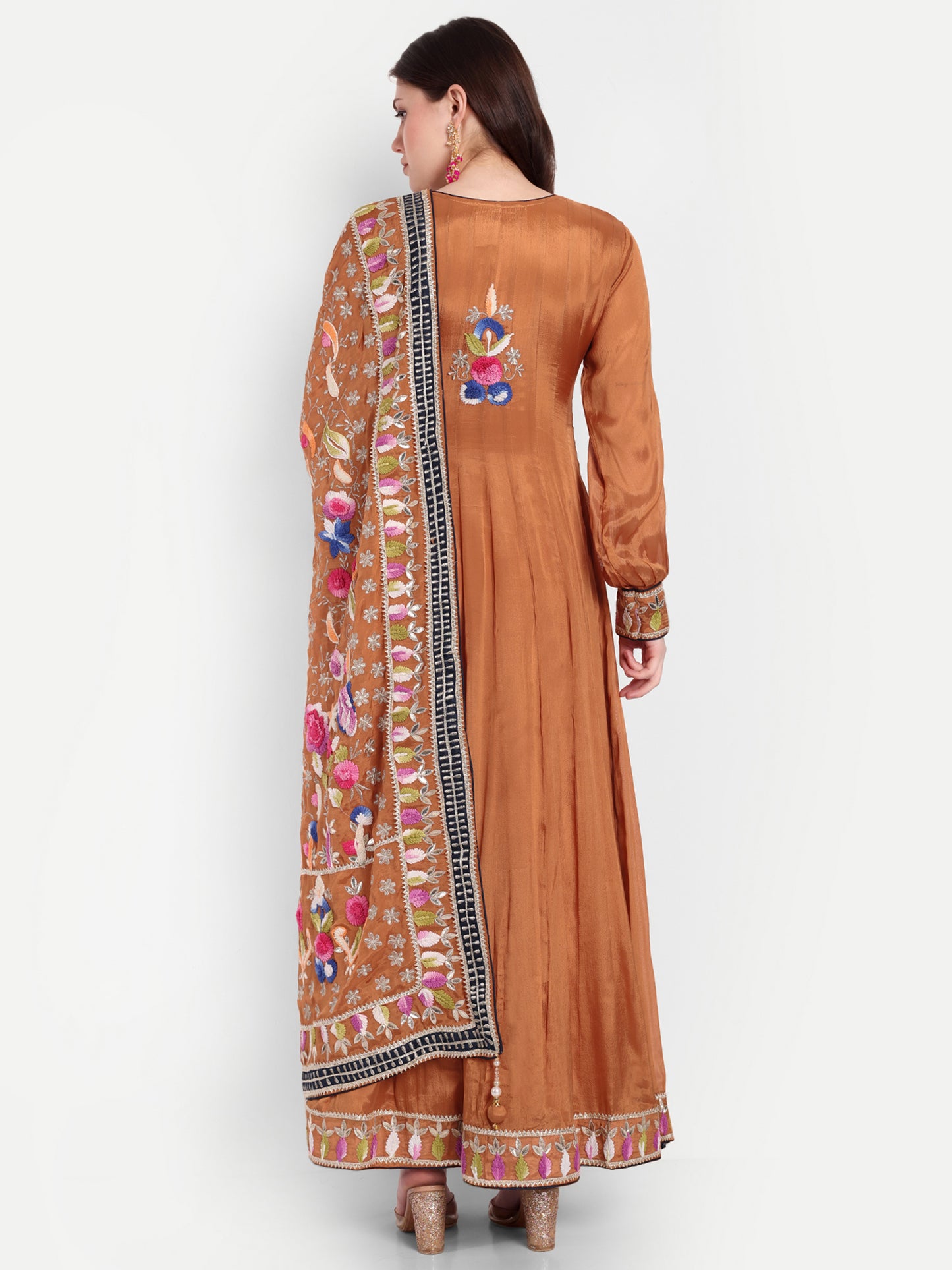 Stunning Brown Anarkali Frock with Matching Embroidery Dupatta