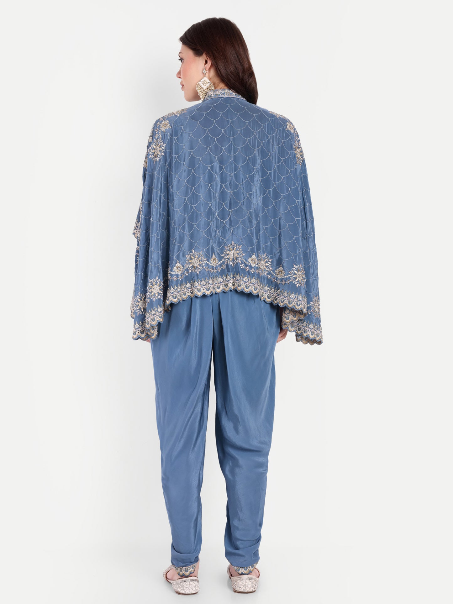 Fashion-Forward Blue Dhoti with Blouse & Cape Jacket Stone Work