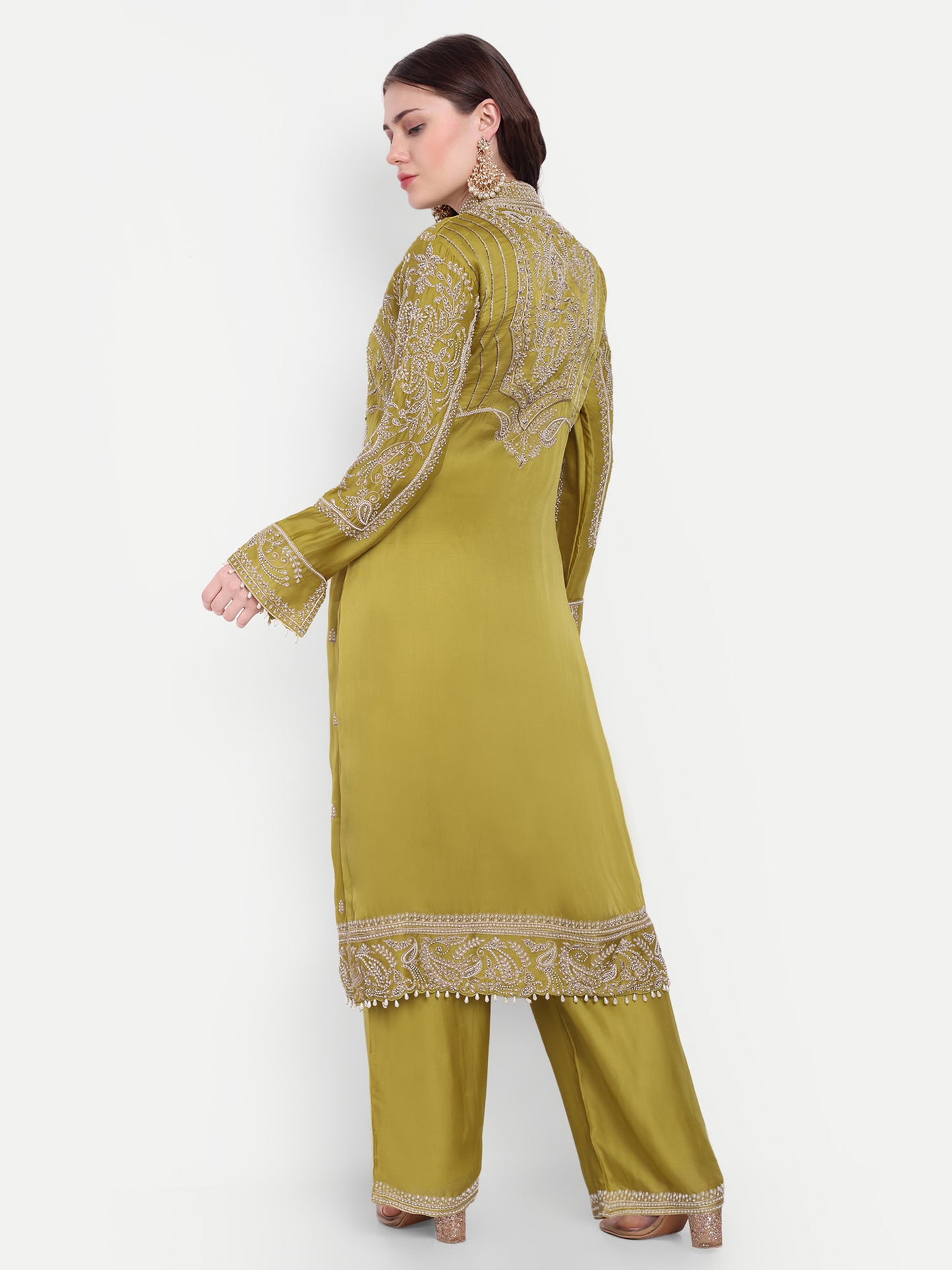 Fashionable Parrot Green Suit with Stone Embroidery and Elegant Dupatta