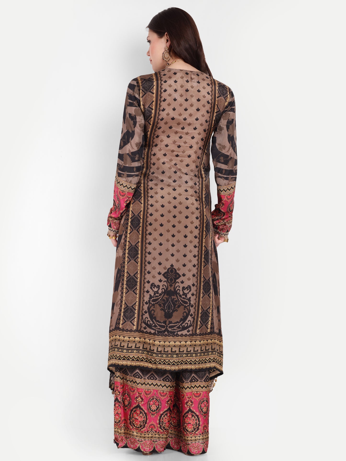 Chic Black and Brown Suit with Palazzo, Dupatta & Potli