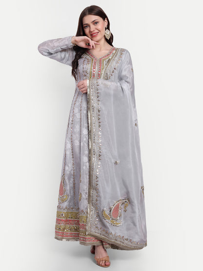 Grey and pink long frock suit with Dupatta