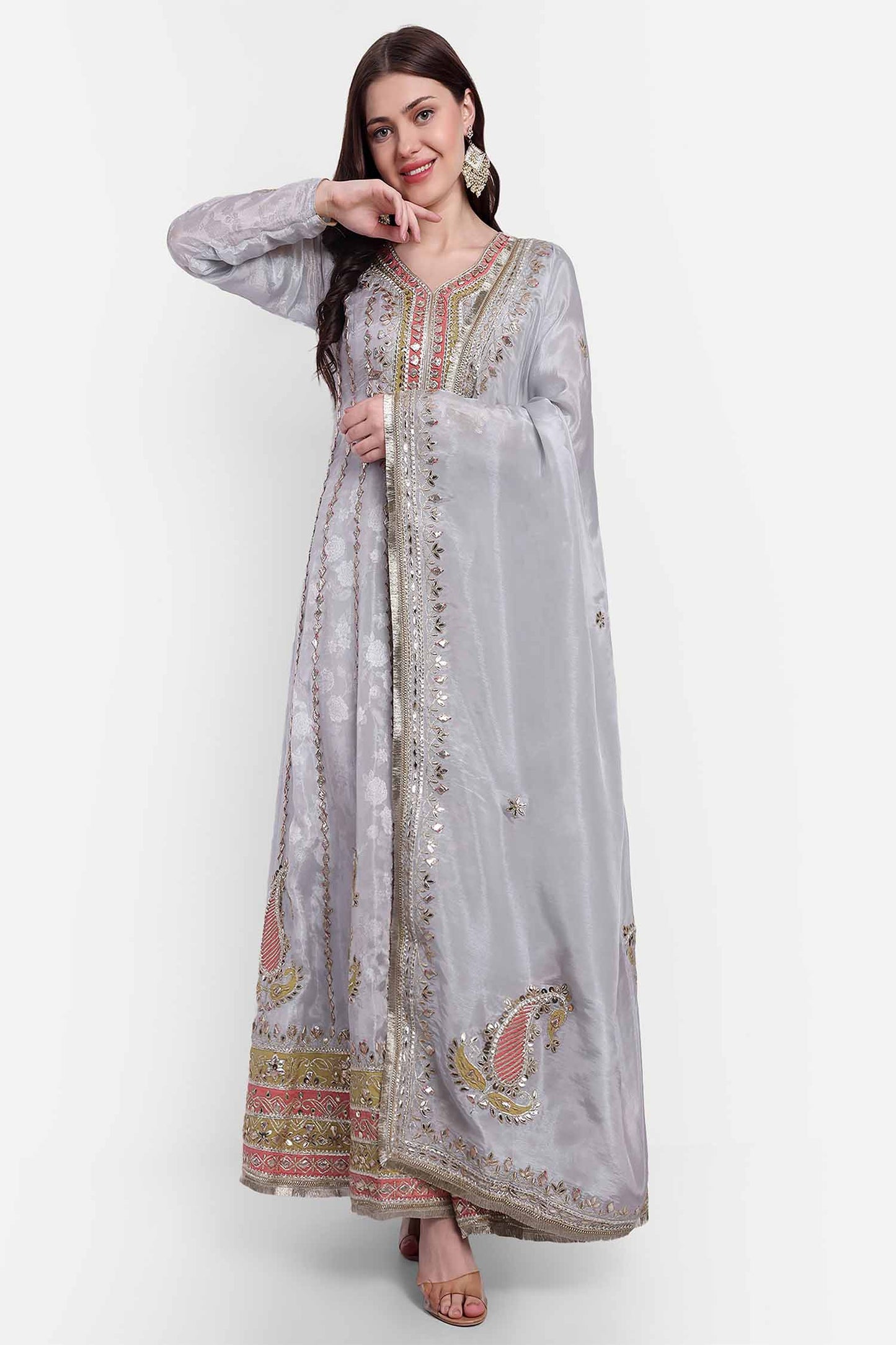 Grey Gotta Patti Anarkali With Dupatta