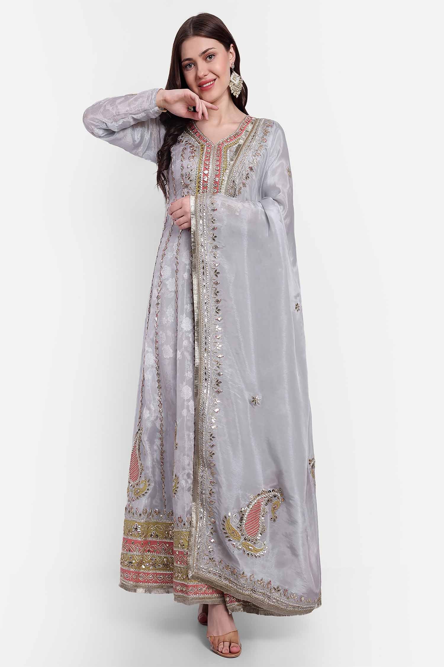 Grey Gotta Patti Anarkali With Dupatta