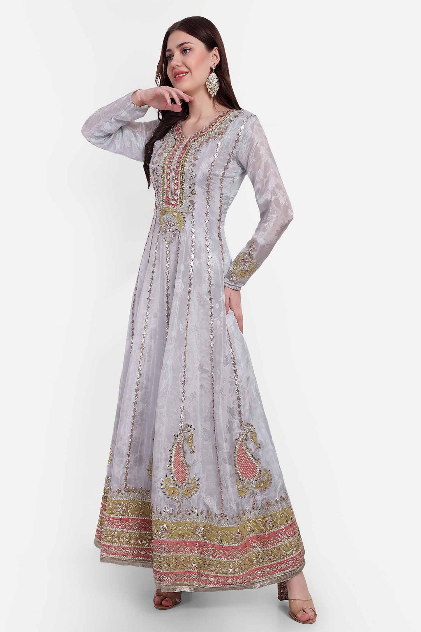 Grey Gotta Patti Anarkali With Dupatta