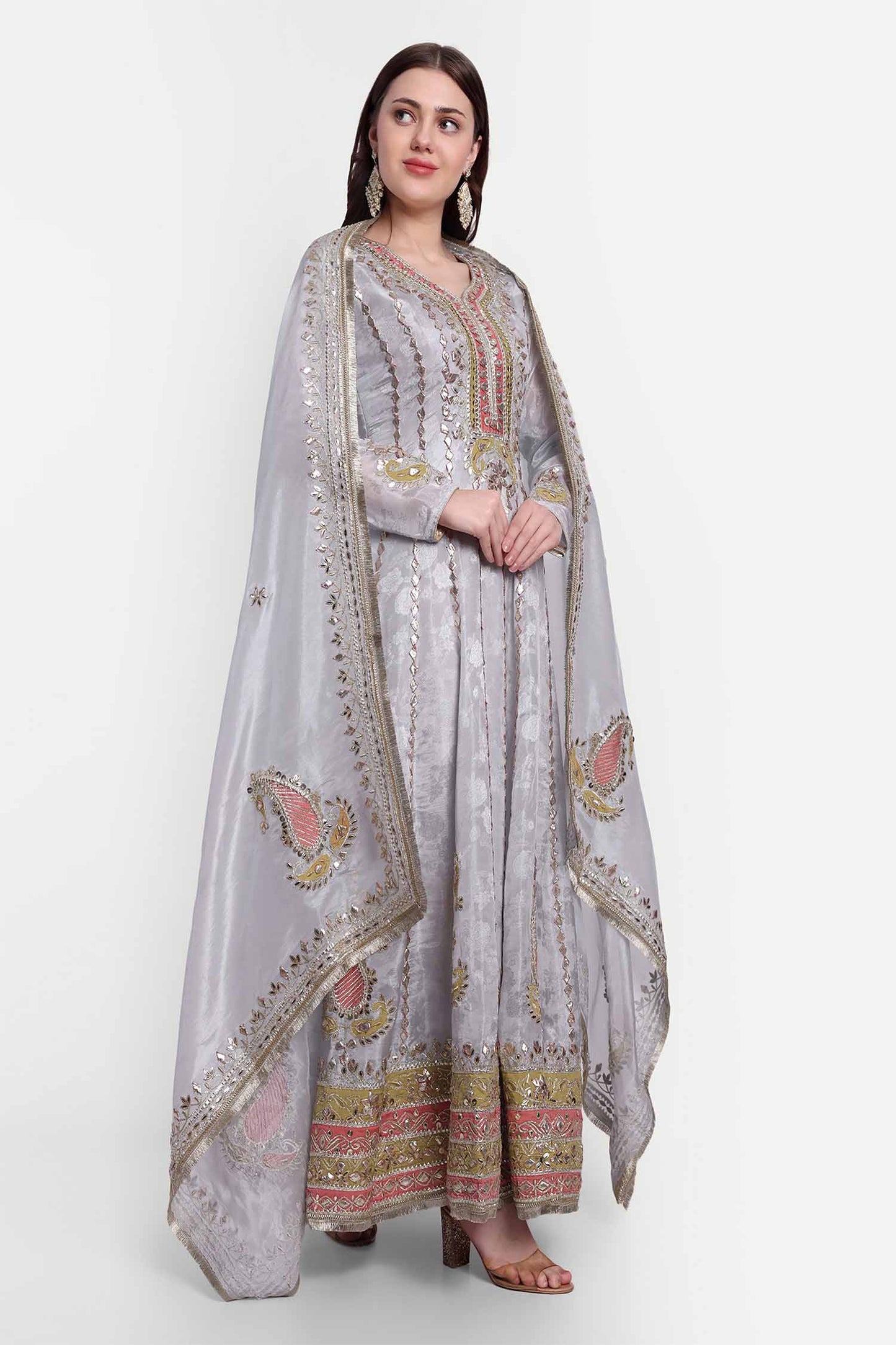 Grey Gotta Patti Anarkali With Dupatta