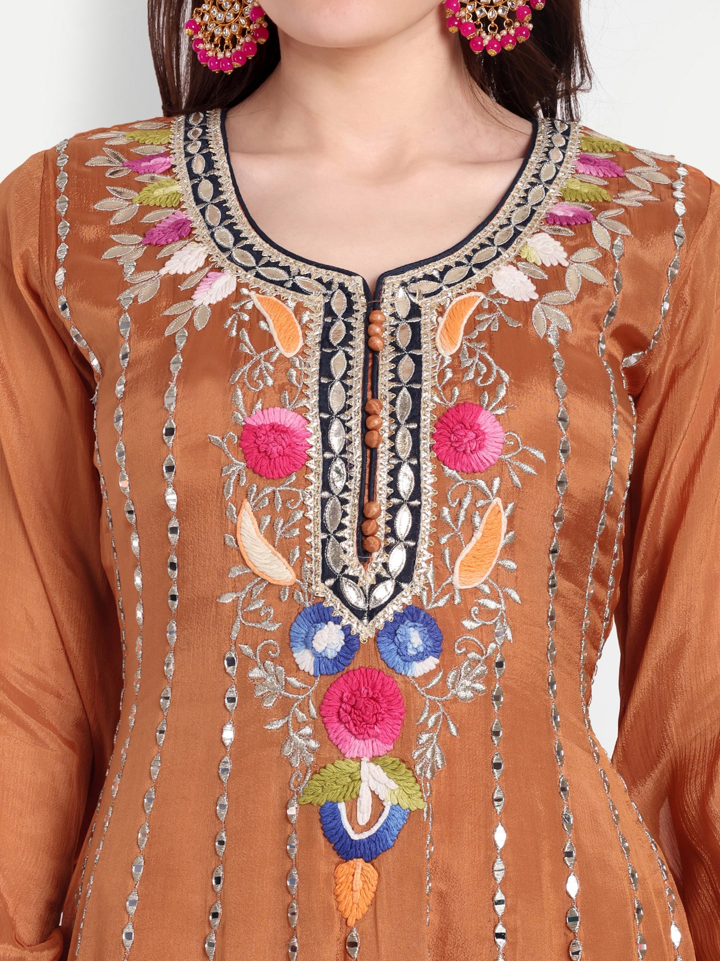 Stunning Brown Anarkali Frock with Matching Embroidery Dupatta