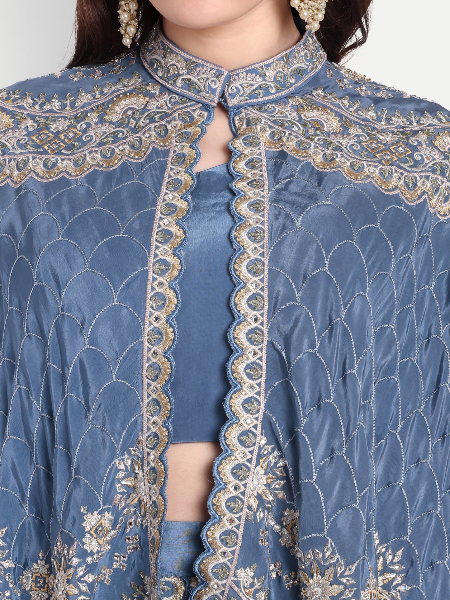 Fashion-Forward Blue Dhoti with Blouse & Cape Jacket Stone Work