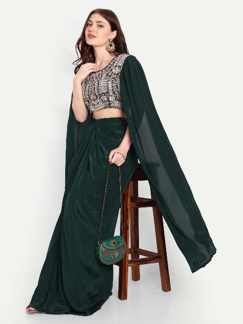 Winged sleeve crip top with Dhoti pattern Skirt