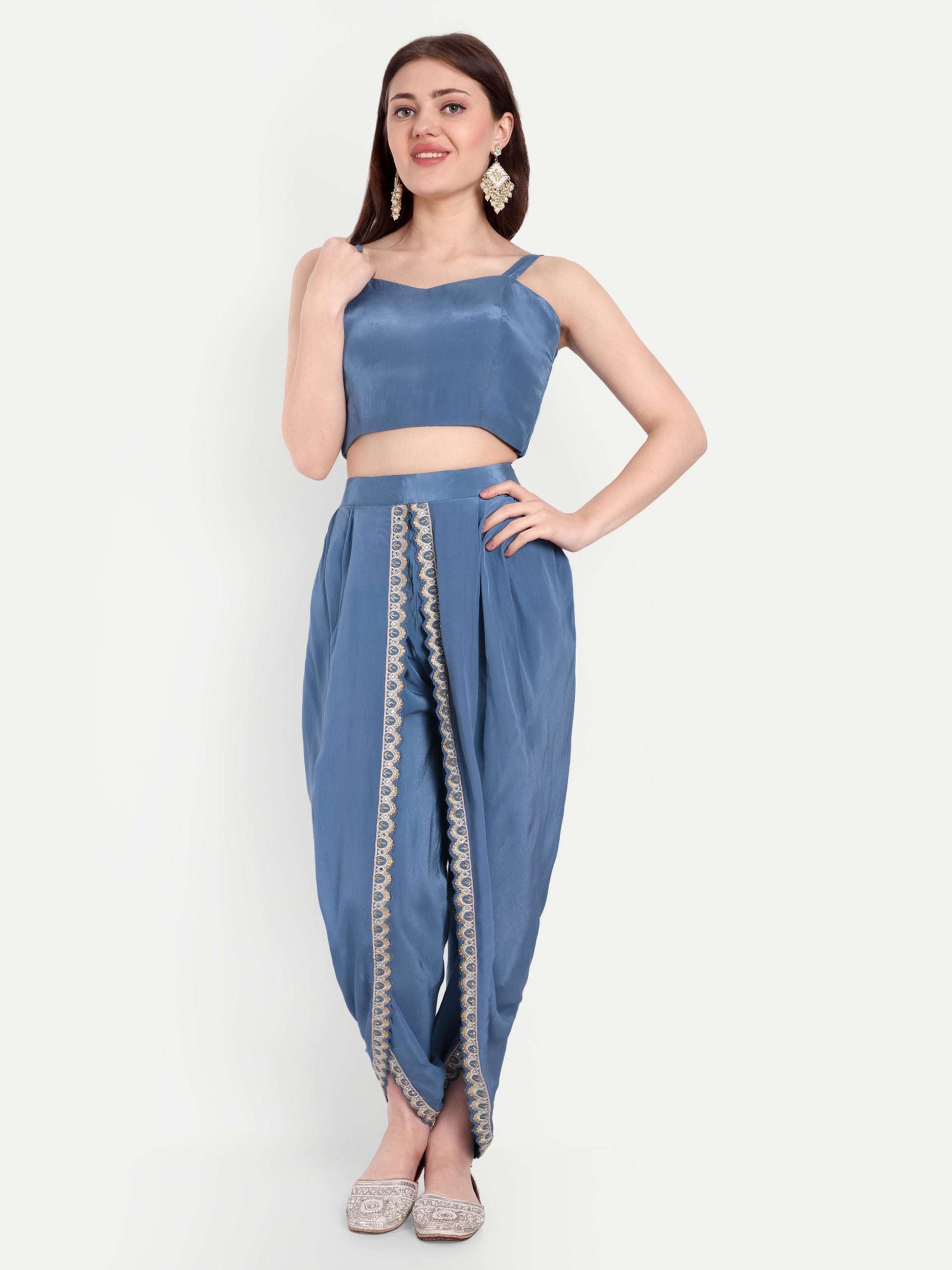 Dhoti-style pants, a satin plain bralette blouse
