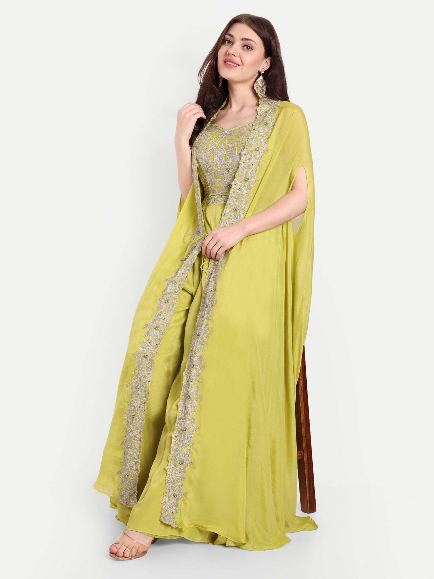 Neon Green Plazo with full sleeves Blouse Mirror Work & A Cape Jacket