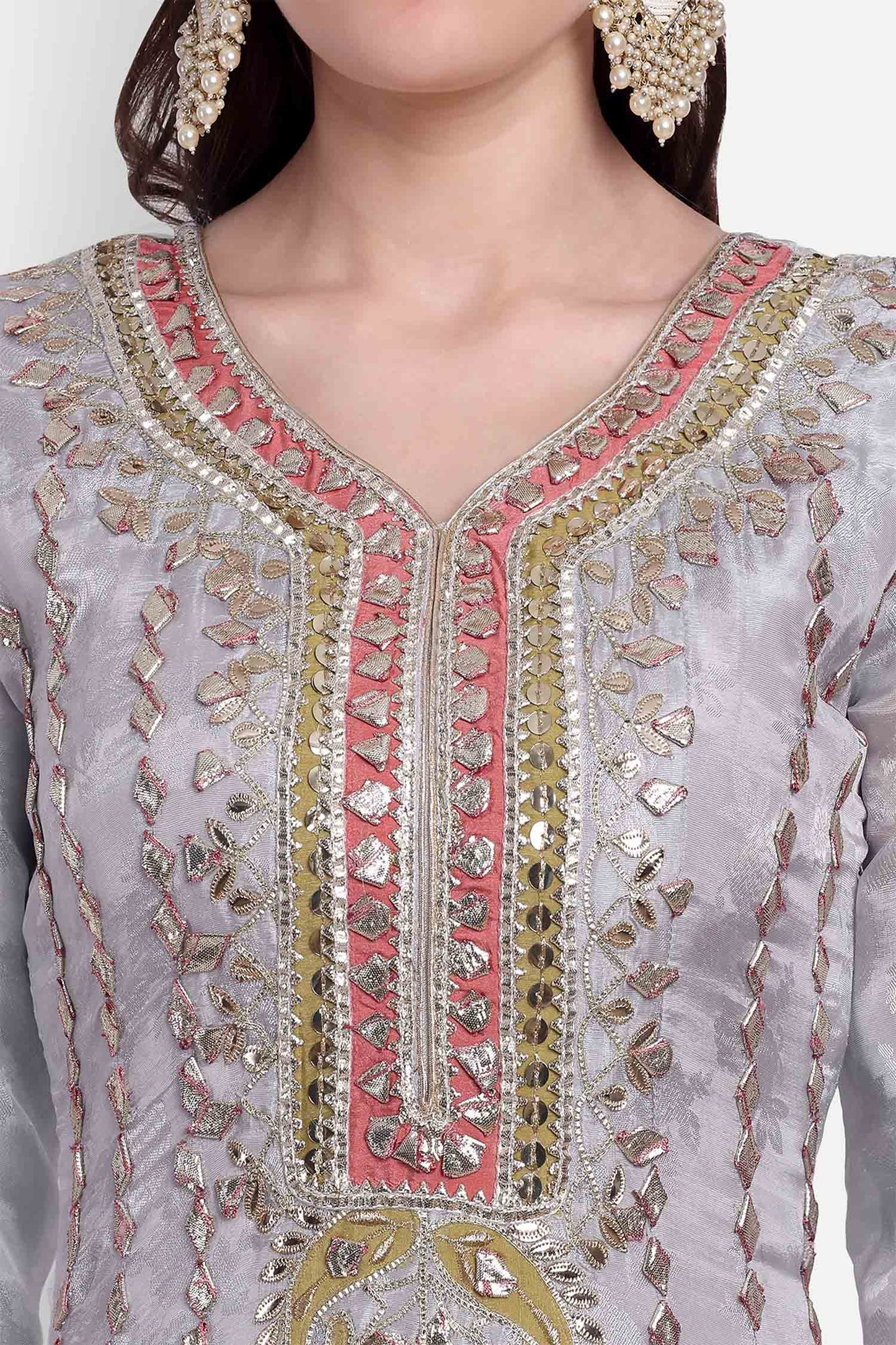 Grey Gotta Patti Anarkali With Dupatta
