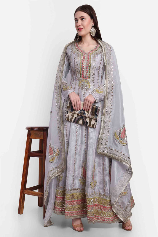 Grey Gotta Patti Anarkali With Dupatta