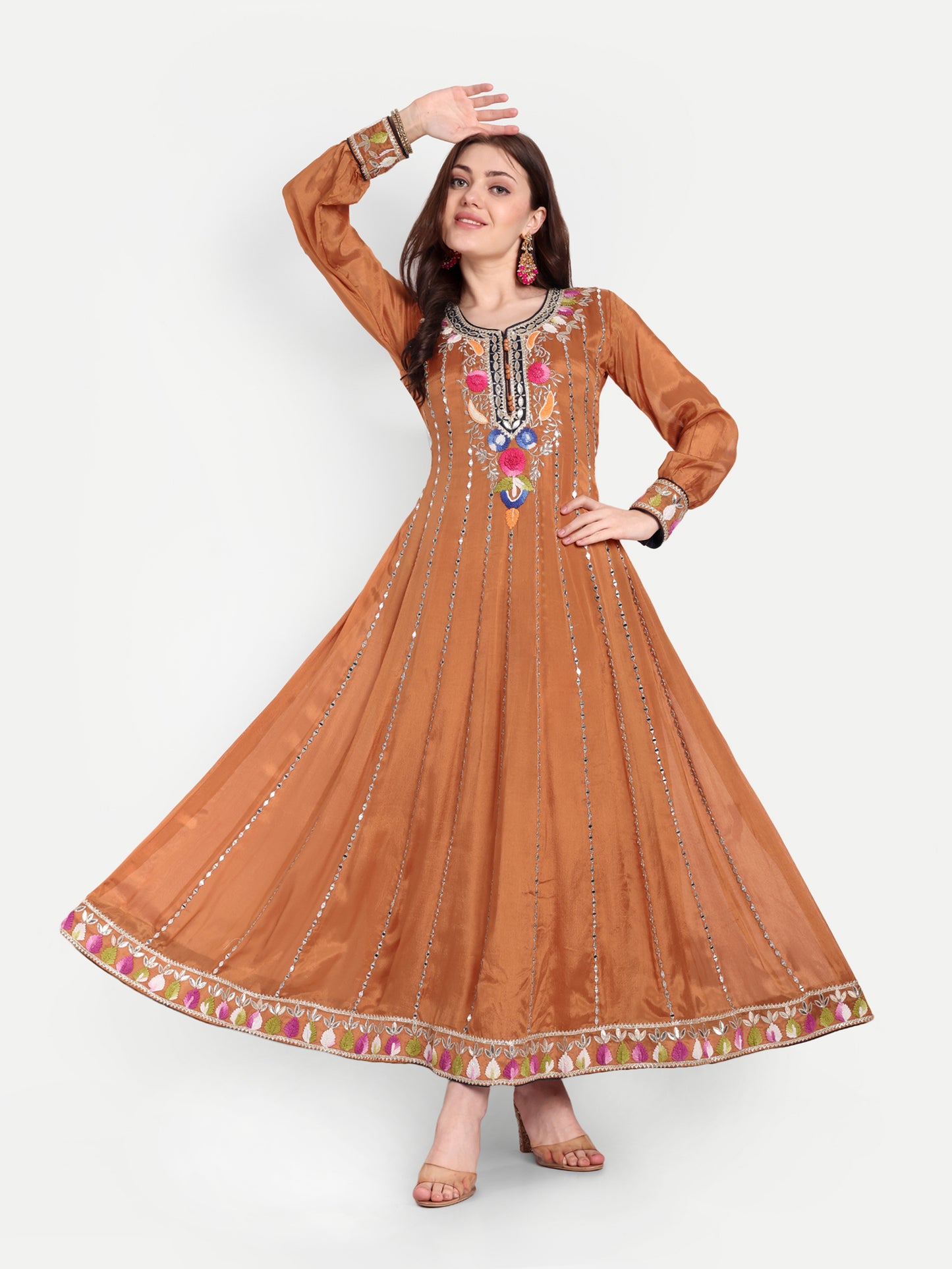 Stunning Brown Anarkali Frock with Matching Embroidery Dupatta