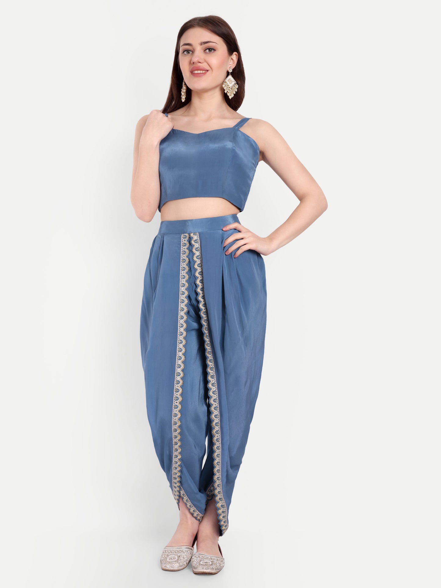 Fashion-Forward Blue Dhoti with Blouse & Cape Jacket Stone Work