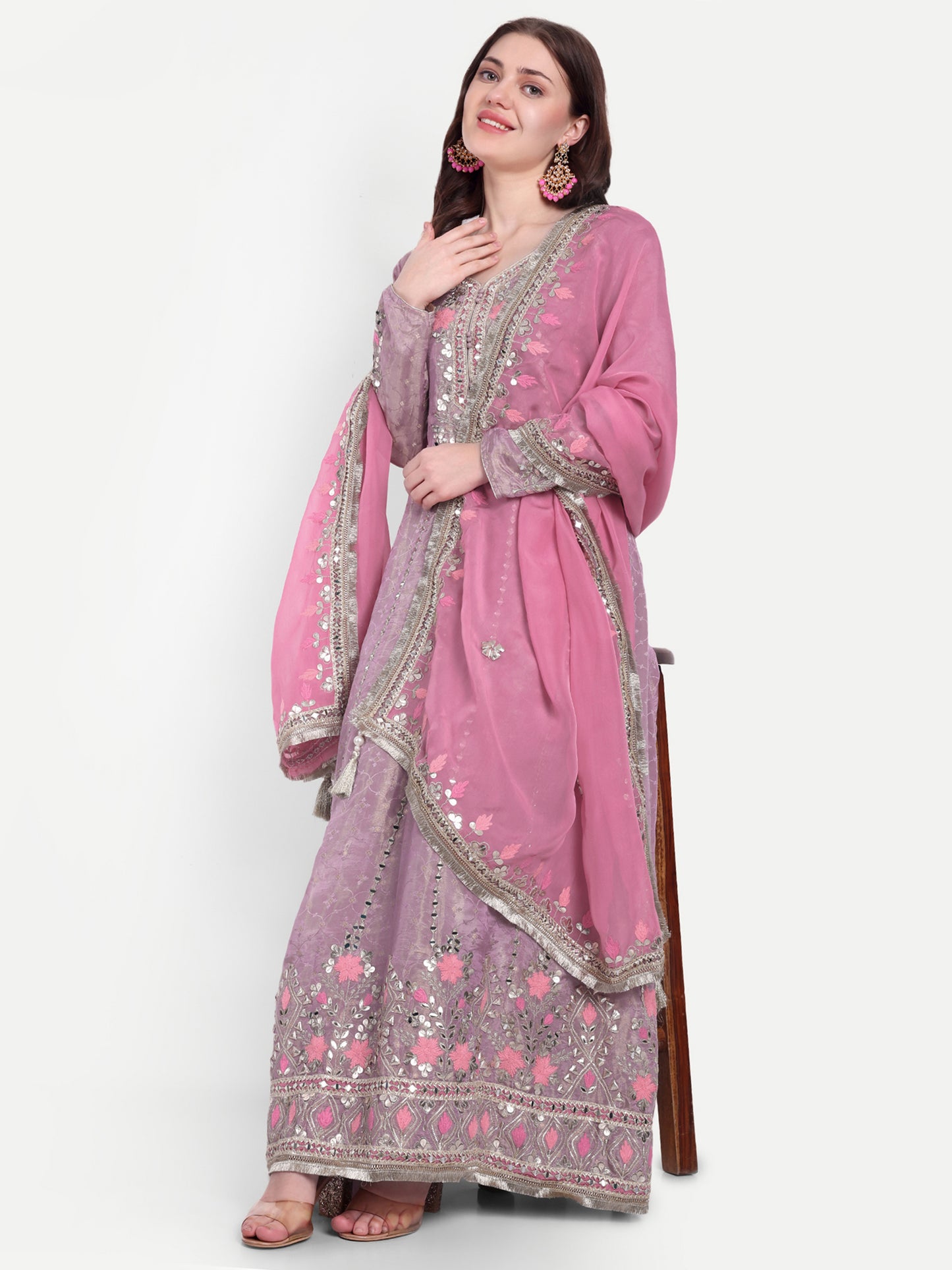 Chic Pink V-neck Anarkali Frock Suit with Border Design