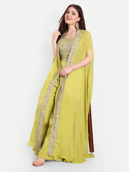 Neon Green Plazo with full sleeves Blouse Mirror Work & A Cape Jacket