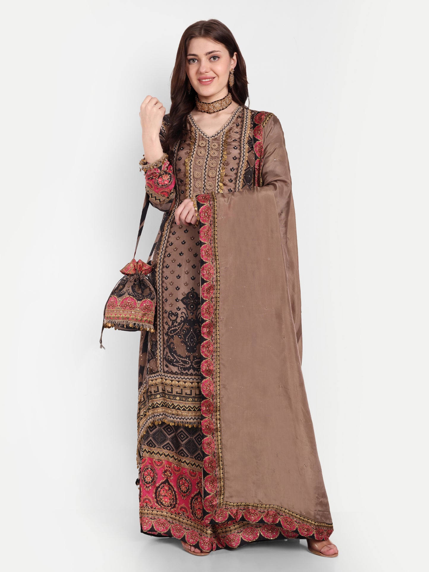 Chic Black and Brown Suit with Palazzo, Dupatta & Potli