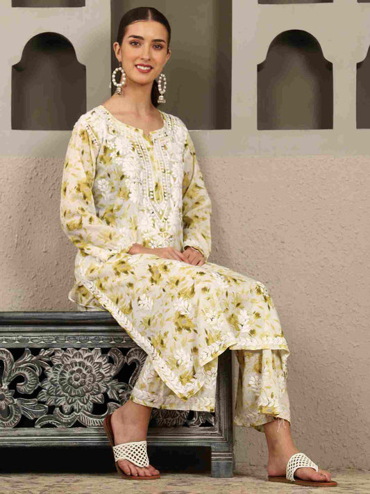 Falak Mulmul Chikankari Kurta Set with White Thread – Notch Neck