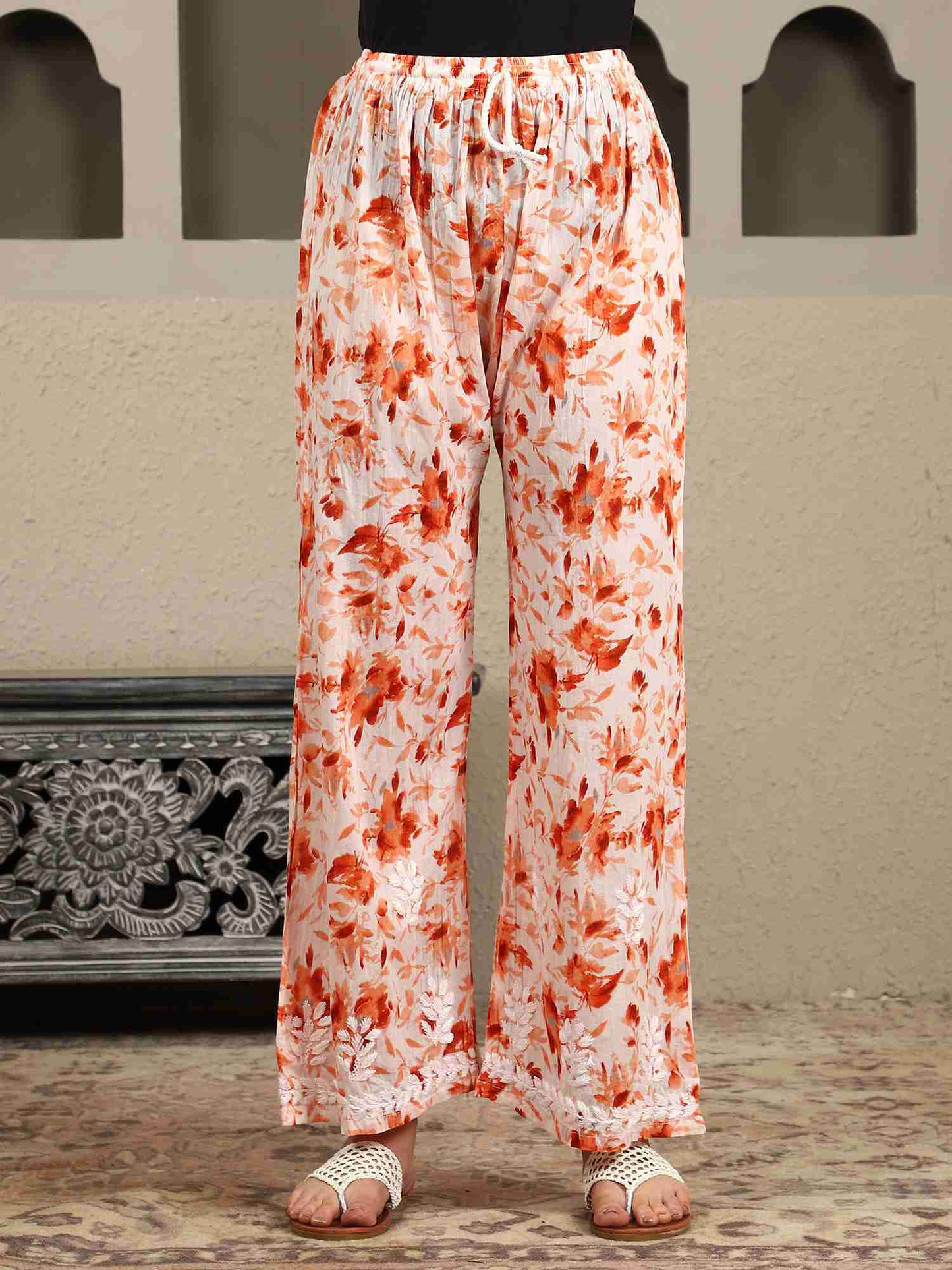 Gargi Orange Floral Print Chikankari Kurta Set with White Thread – Notch Neck