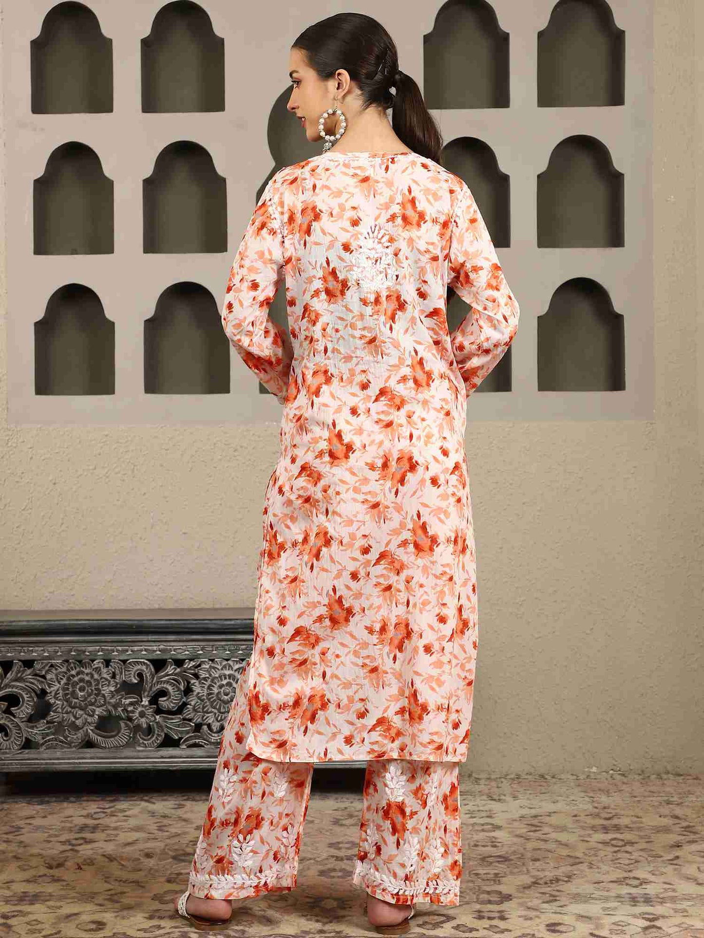 Gargi Orange Floral Print Chikankari Kurta Set with White Thread – Notch Neck