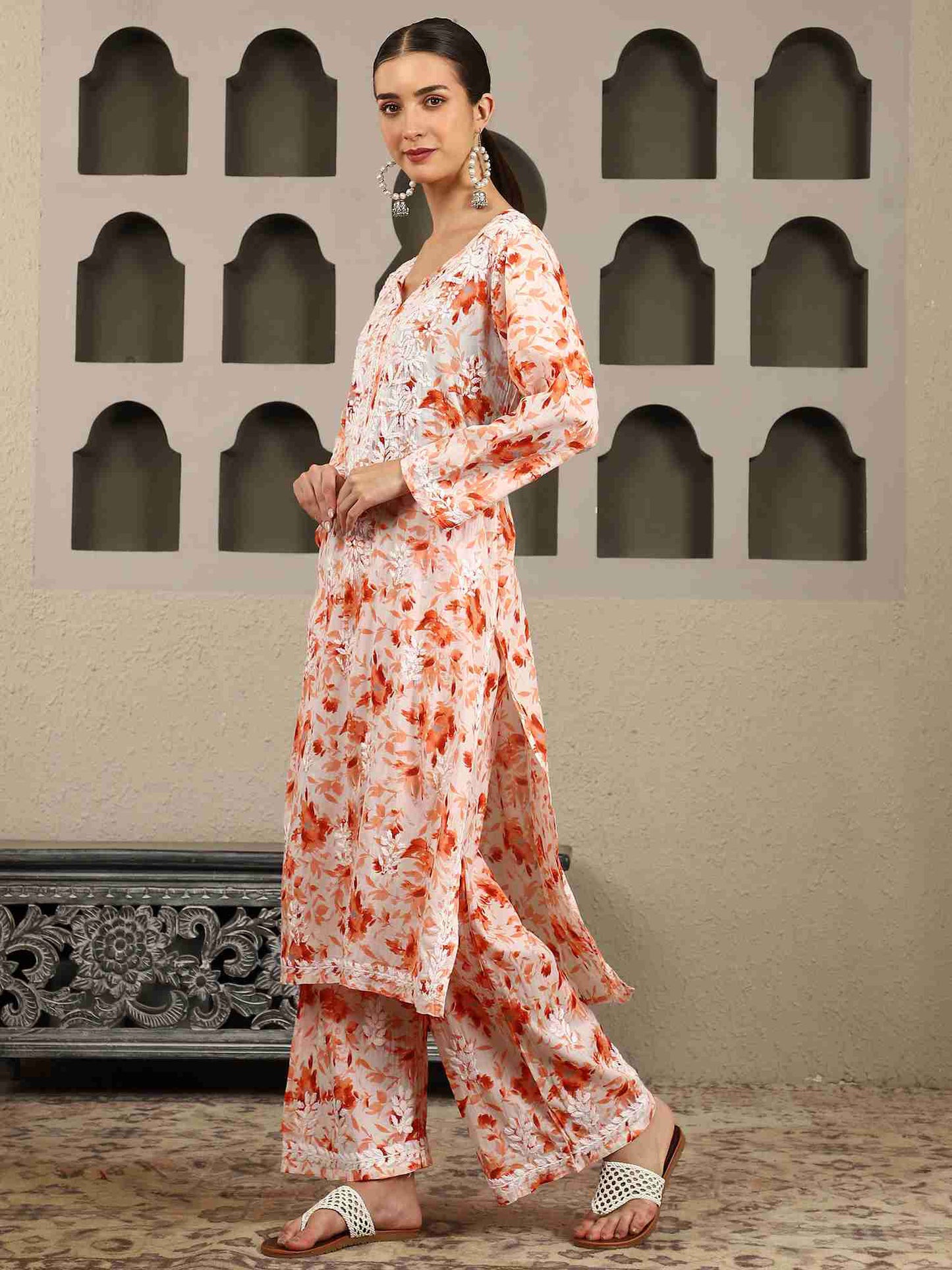 Gargi Orange Floral Print Chikankari Kurta Set with White Thread – Notch Neck