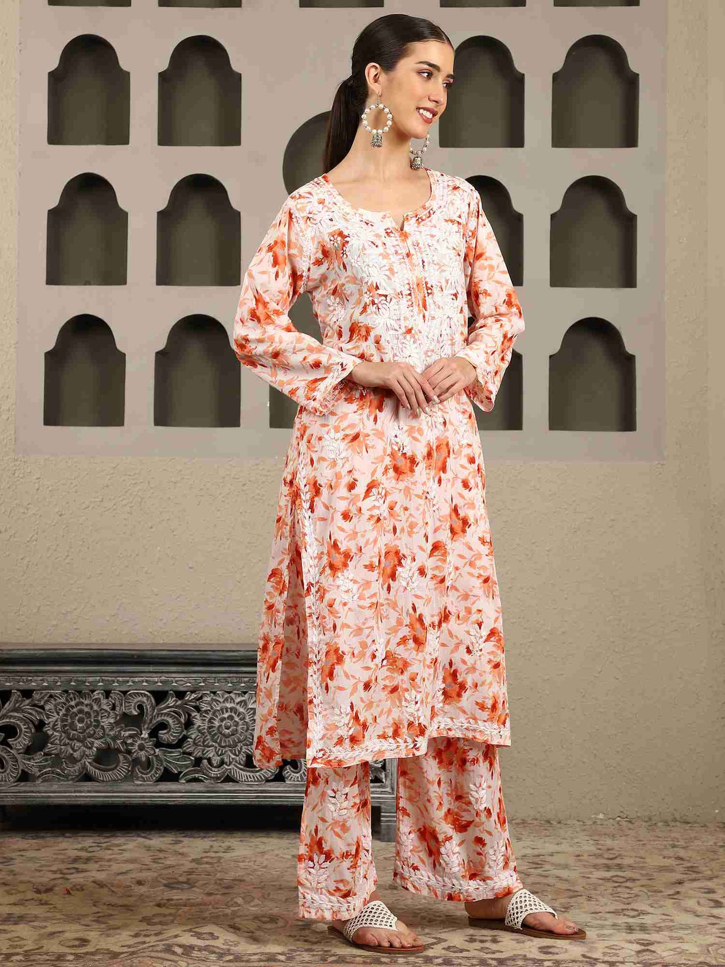 Gargi Orange Floral Print Chikankari Kurta Set with White Thread – Notch Neck