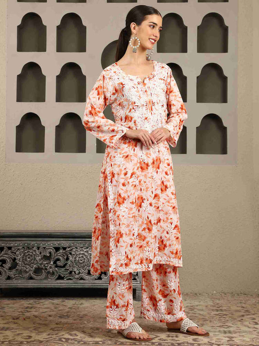 Gargi Orange Floral Print Chikankari Kurta Set with White Thread – Notch Neck
