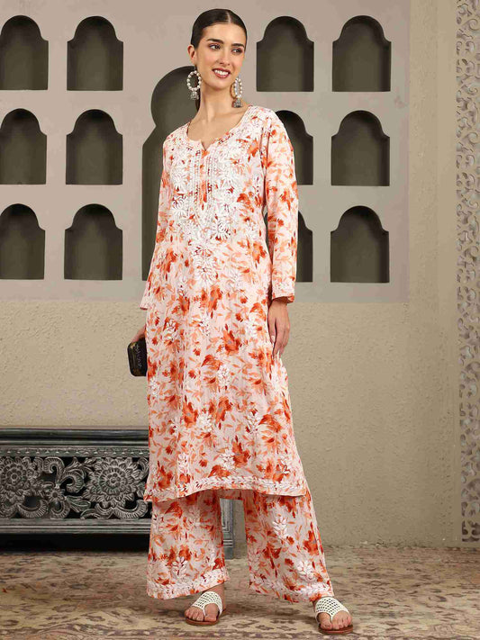 Gargi Orange Floral Print Chikankari Kurta Set with White Thread – Notch Neck