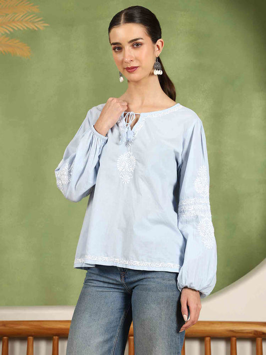 Aria Chikankari Top with White Thread & Balloon Sleeves – Blue
