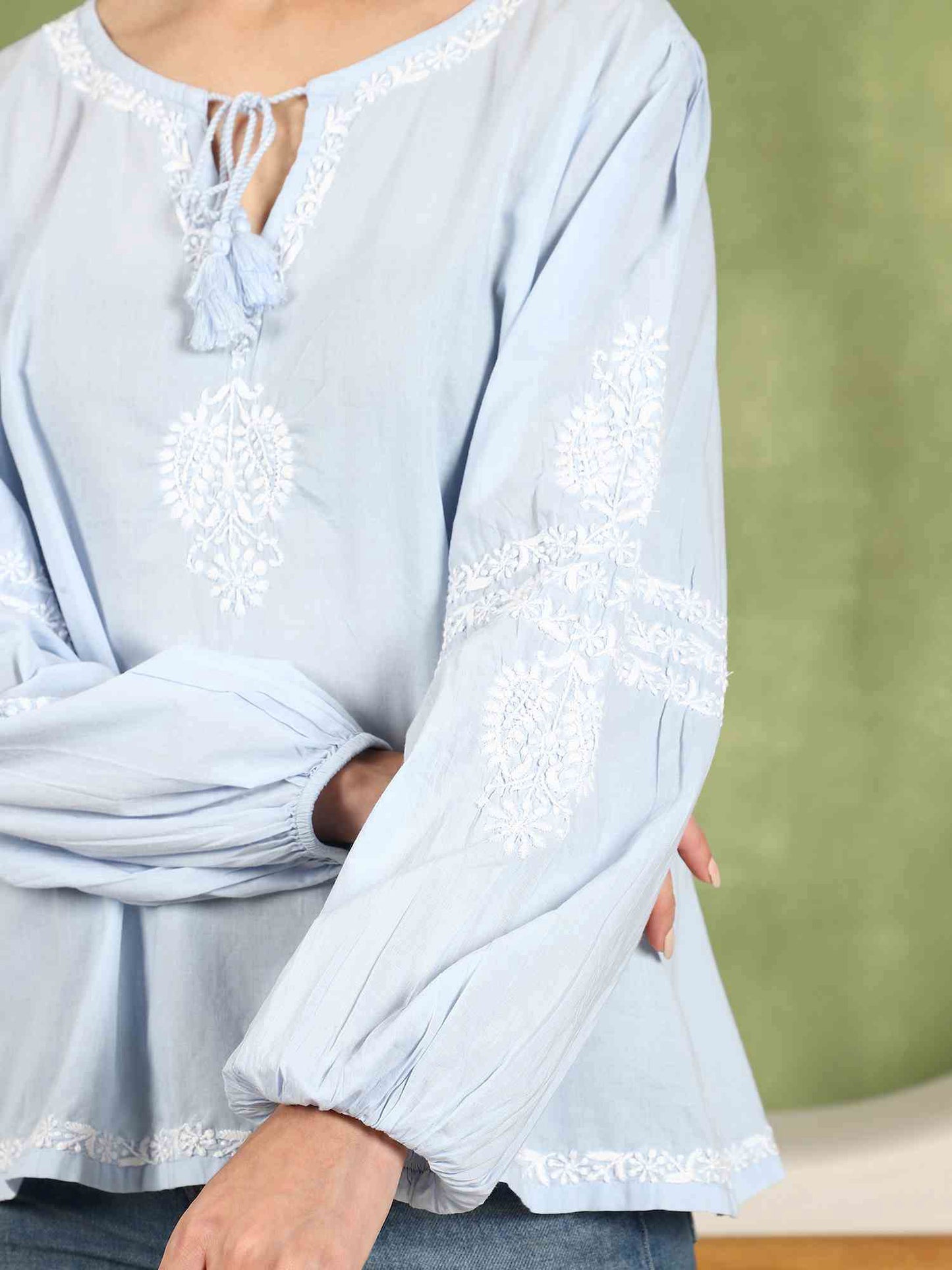 Aria Chikankari Top with White Thread & Balloon Sleeves – Blue