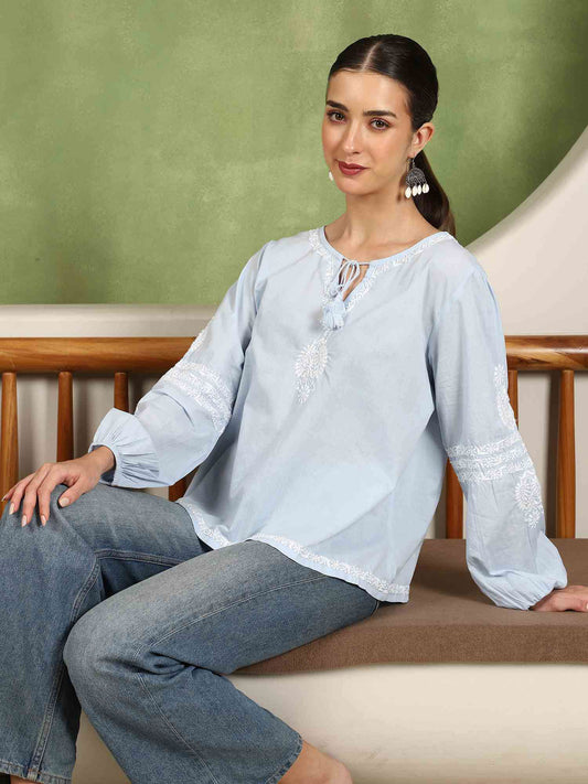 Aria Chikankari Top with White Thread & Balloon Sleeves – Blue
