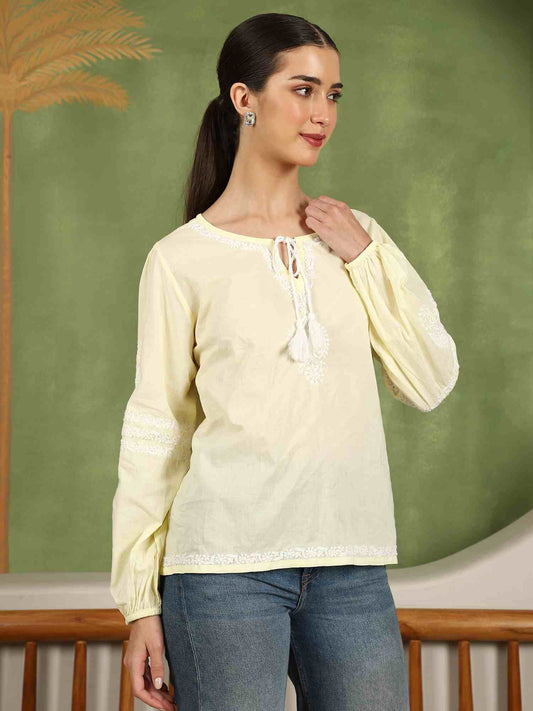 Aria Chikankari Top with White Thread & Balloon Sleeves – Yellow